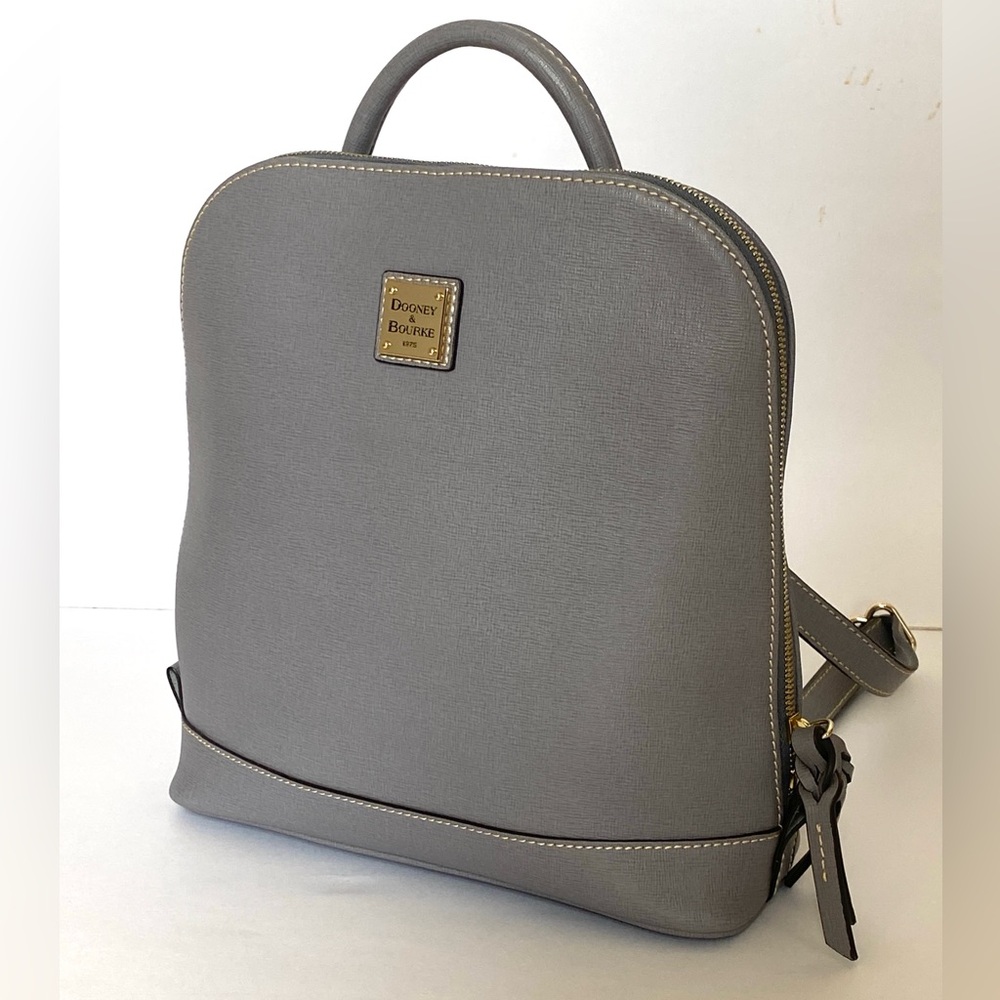 Dooney & Bourke Gray Leather Backpack with Gold Plaque